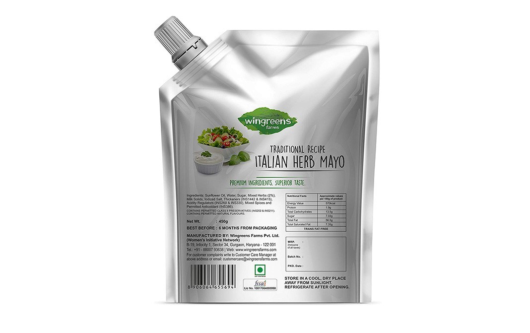 Wingreens Farms Italian Herb Mayo    Pouch  450 grams